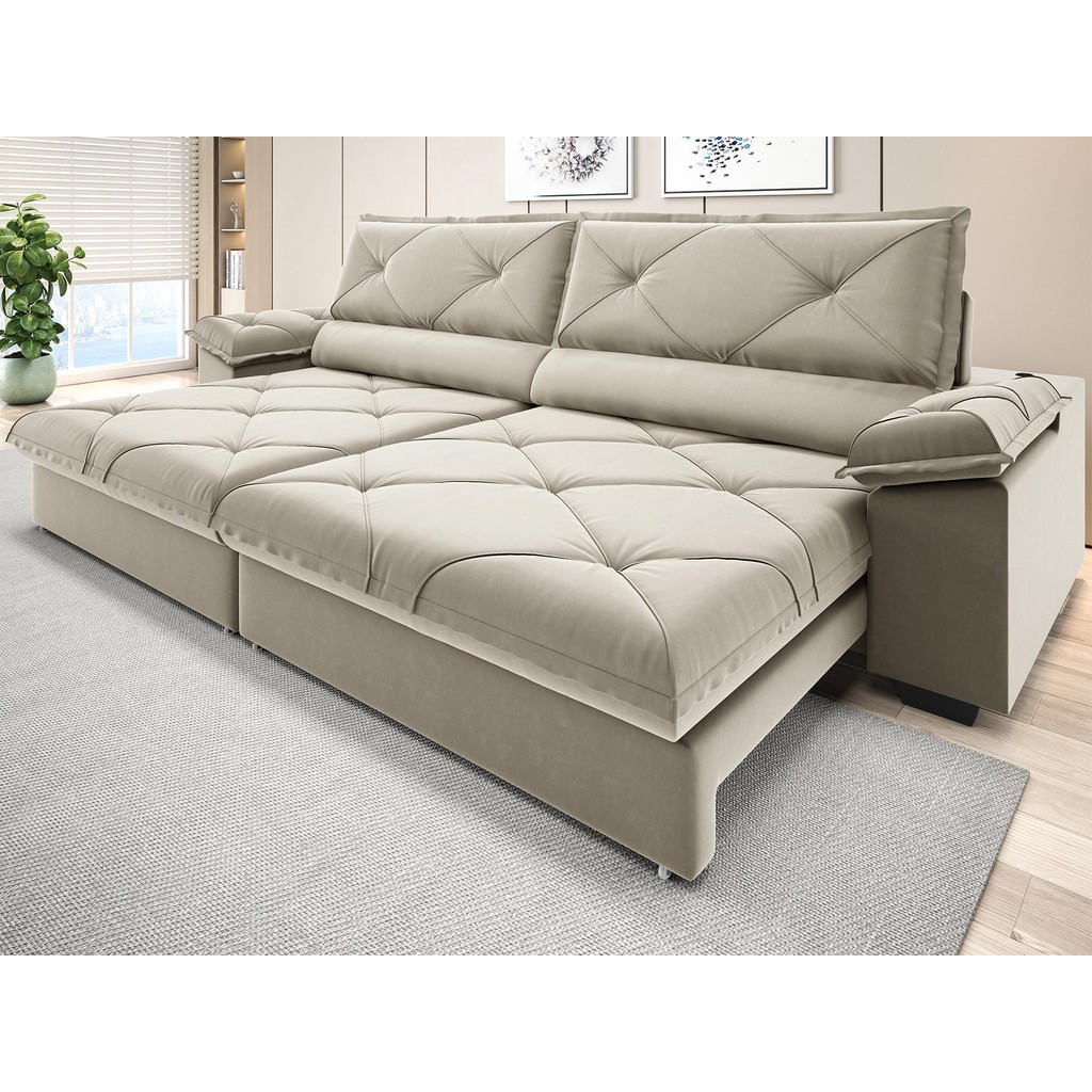 Sofá com Carregador USB e Molas no Assento Retrátil Reclinável Nice 2,50m Veludocristal - NETSOFAS