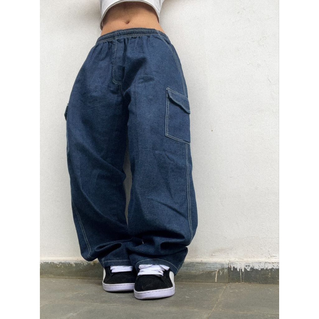 Calça cargo Jeans Escura unissex pesada hip hop streetwear skatista baggy balão