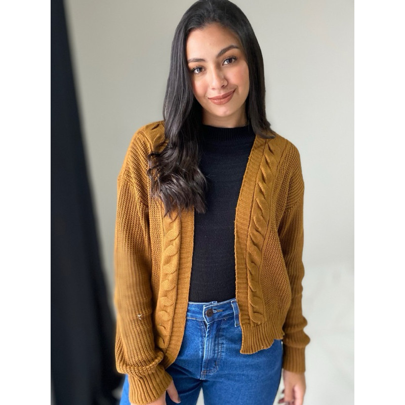 Casaco Cardigan Tricot com trança na frente Eliana detalhado inverno tricô aberto moda feminino