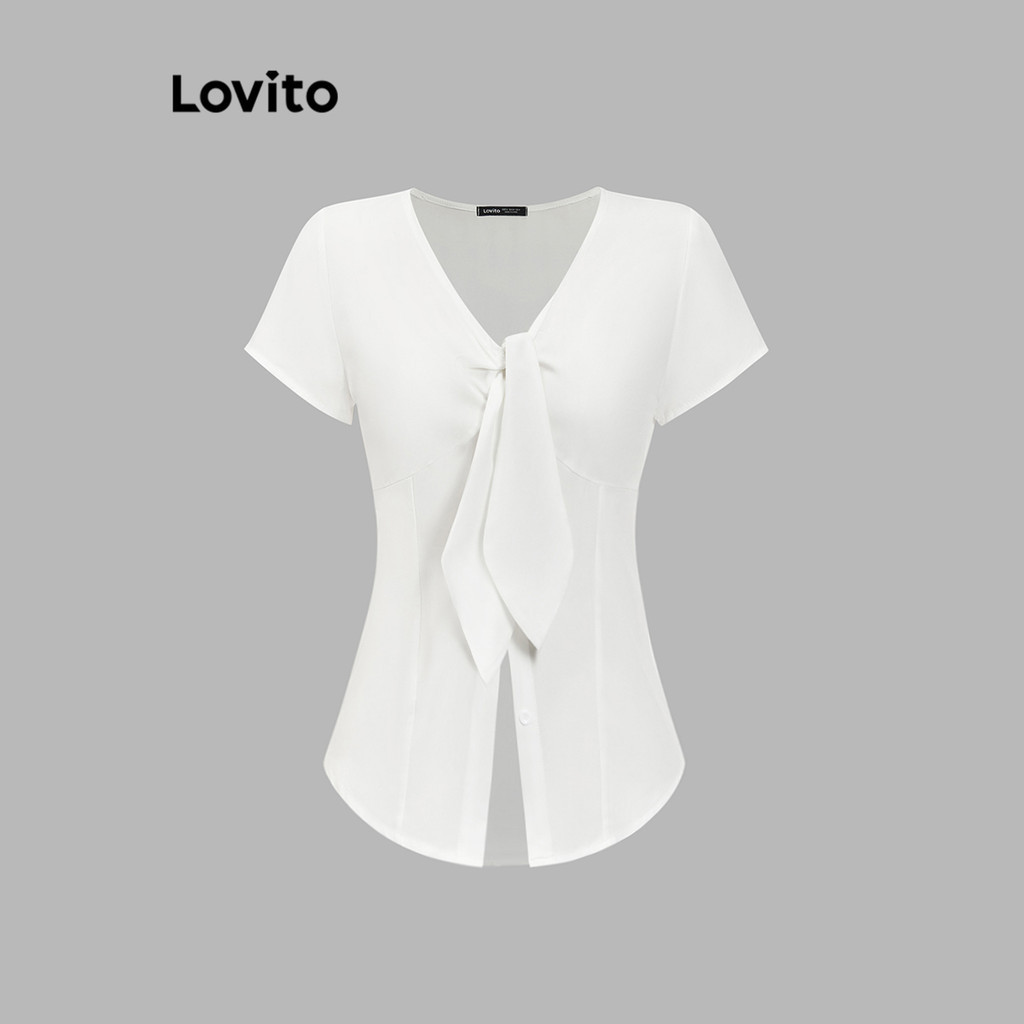 (Trendy) Lovito Blusa Casual Lisa Com Cadarço E Botão Para Mulheres L87ED024 - Women Clothes
