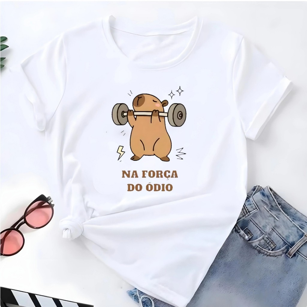 Blusa T-shirt Linda Camiseta Feminina Capivara Na Força Do Odio Academia Gym Camisa
