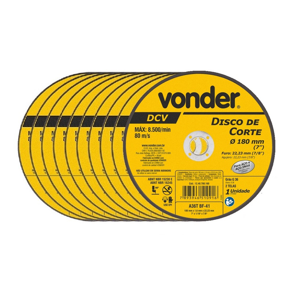 10 Discos De Corte 180mm X 1,6mm X 22,23mm DCV Vonder