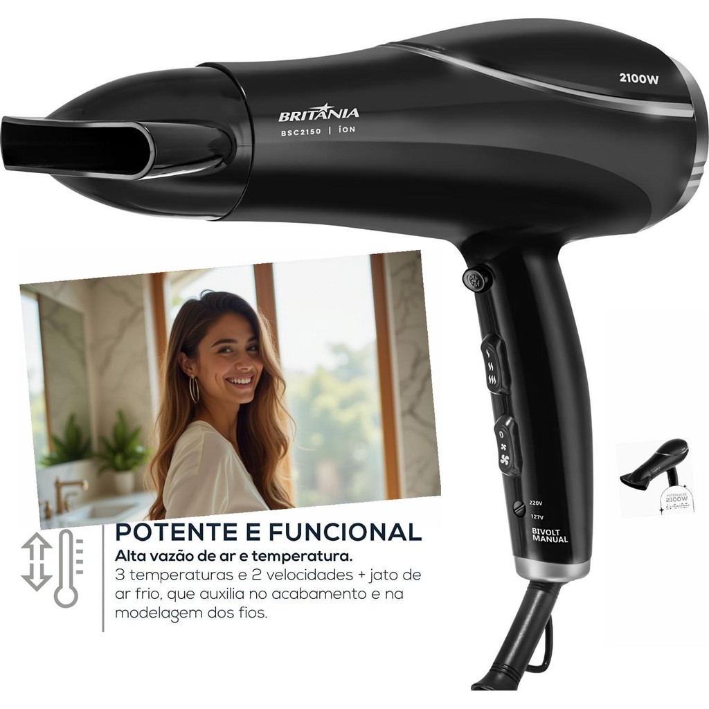Secador Cabelos Britânia BSC2150 2100W Preto Bivolt 3 Temperaturas 2 Velocidades Motor DC Cabo 1,8m Tecnologia Íons