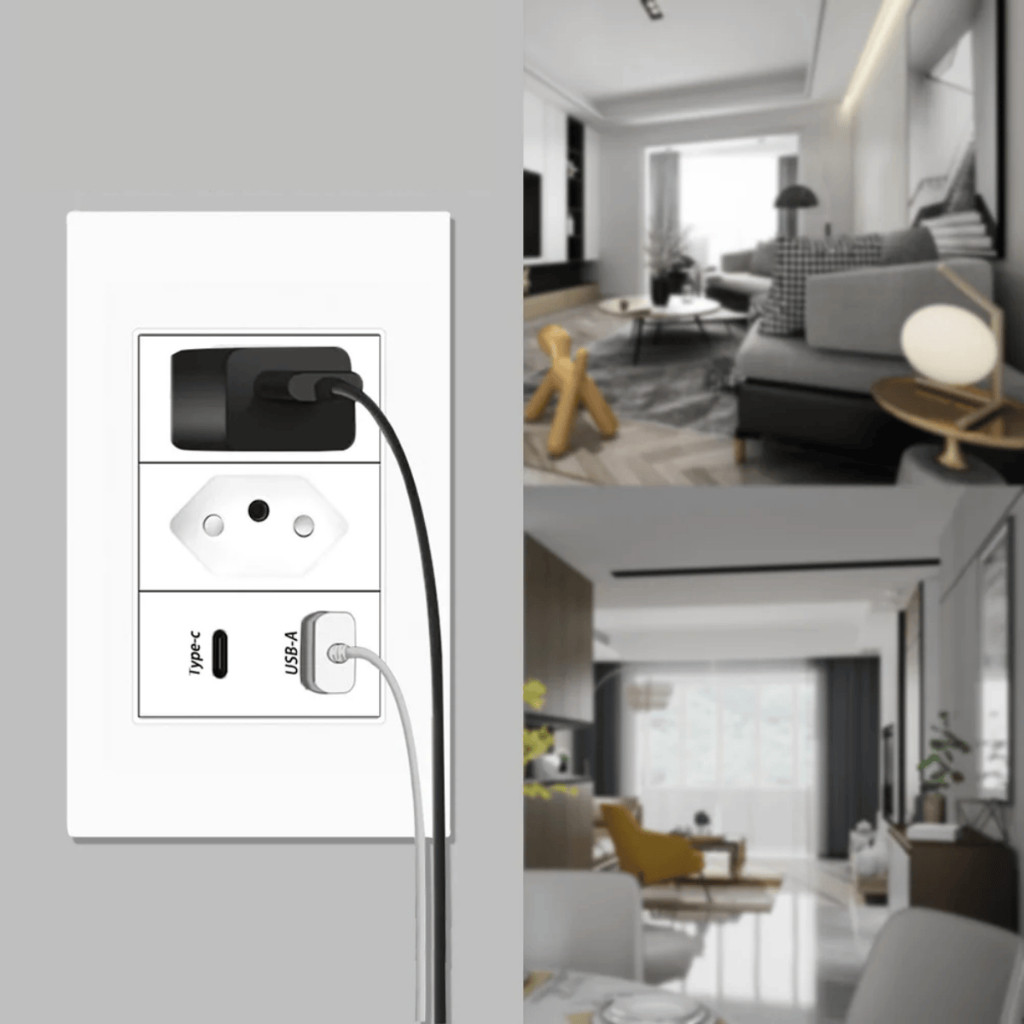 Tomada de Parede Dupla Com Entrada Usb e tipo C 5V Bivolt 4/1 Carregamento Rápido Multi Carregamento
