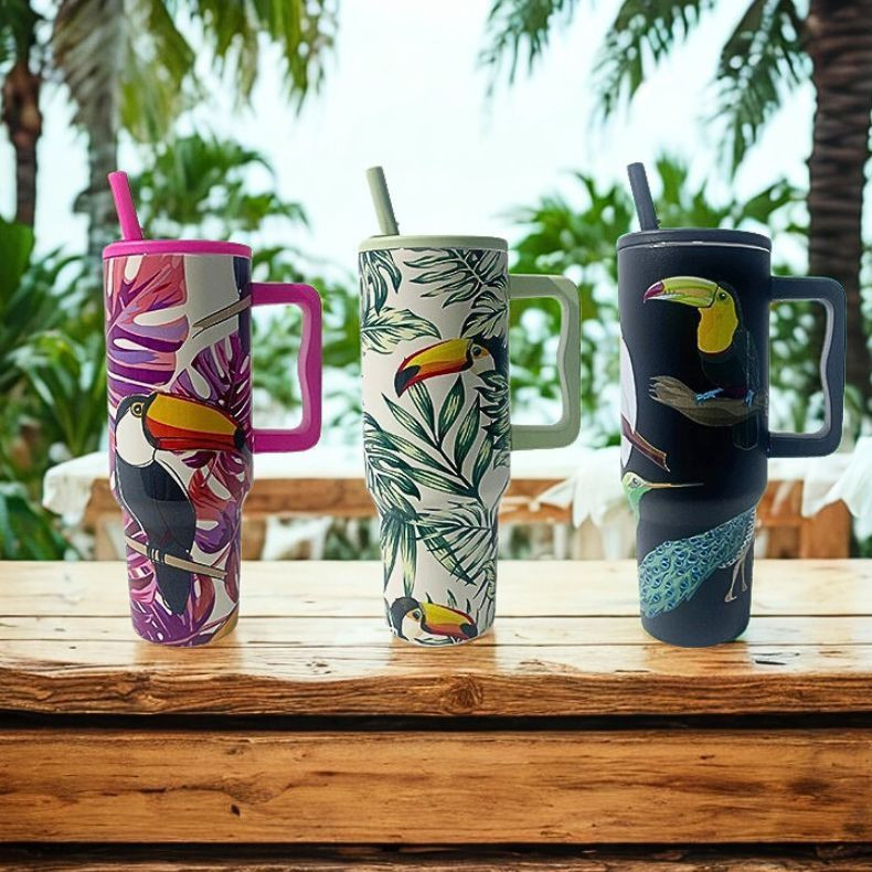 Copo Térmico Alça e Canudo Personalizado Estampado Fauna - 1200ML