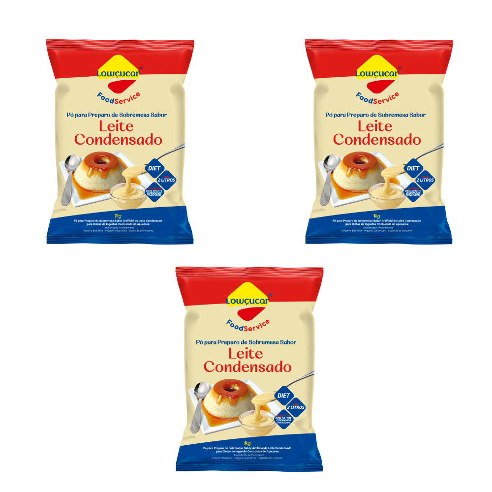 Kit  3  Und de Pó para preparo de Sobremesa de Leite Condensado Lowçucar Zero Adição de Açúcares 1kg
