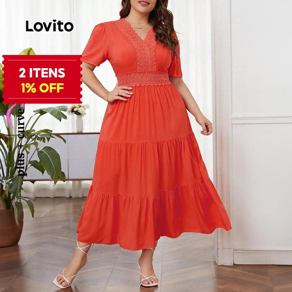 (Trendy) Lovito Vestido Plus Size curva Casual liso com babados e gola em camadas para mulheres LBL23729 - Women Clothes