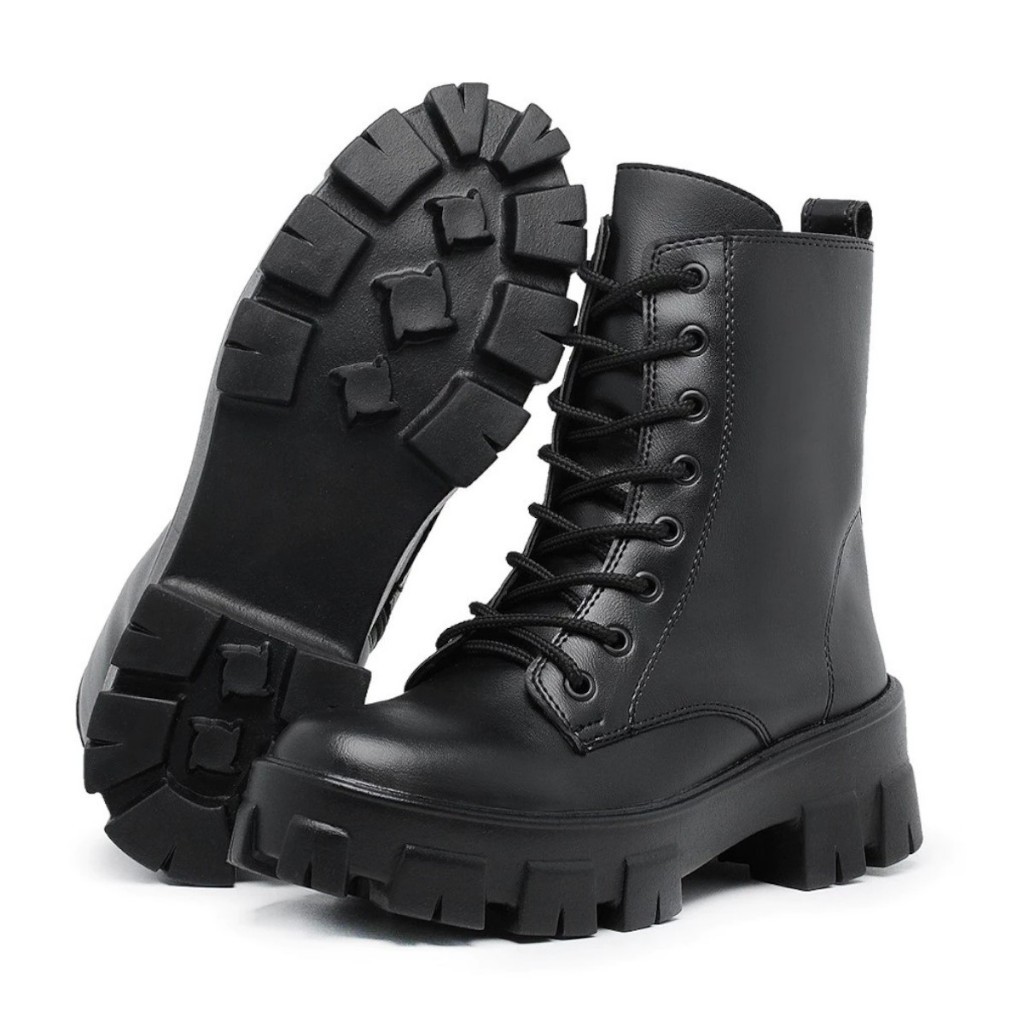 Coturno Feminino Tratorado Preto Plataforma Estilo Militar Moda Blogueira Look Casual