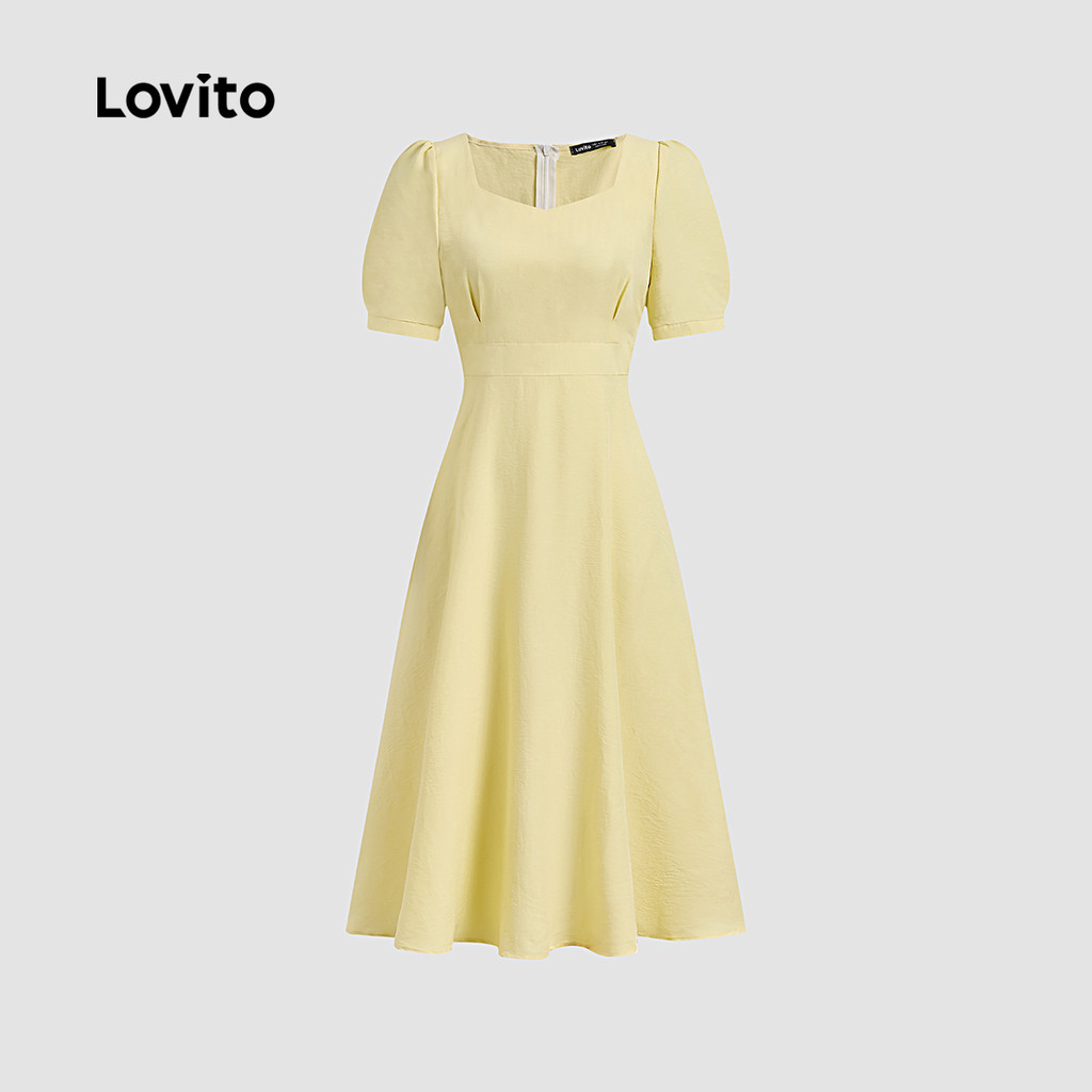 Detalhes do Lovito Vestido Feminino Amarelo Liso Elegante para Verão e Primavera L134ED171