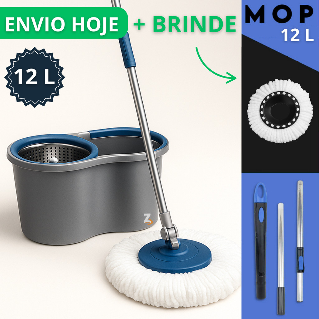 Mop Com Cabo Grande de 110 cm + 1 Refil - 12 Litros Cesto Em Inox - Balde Centrífuga Jatobraz em Oferta na Shopee