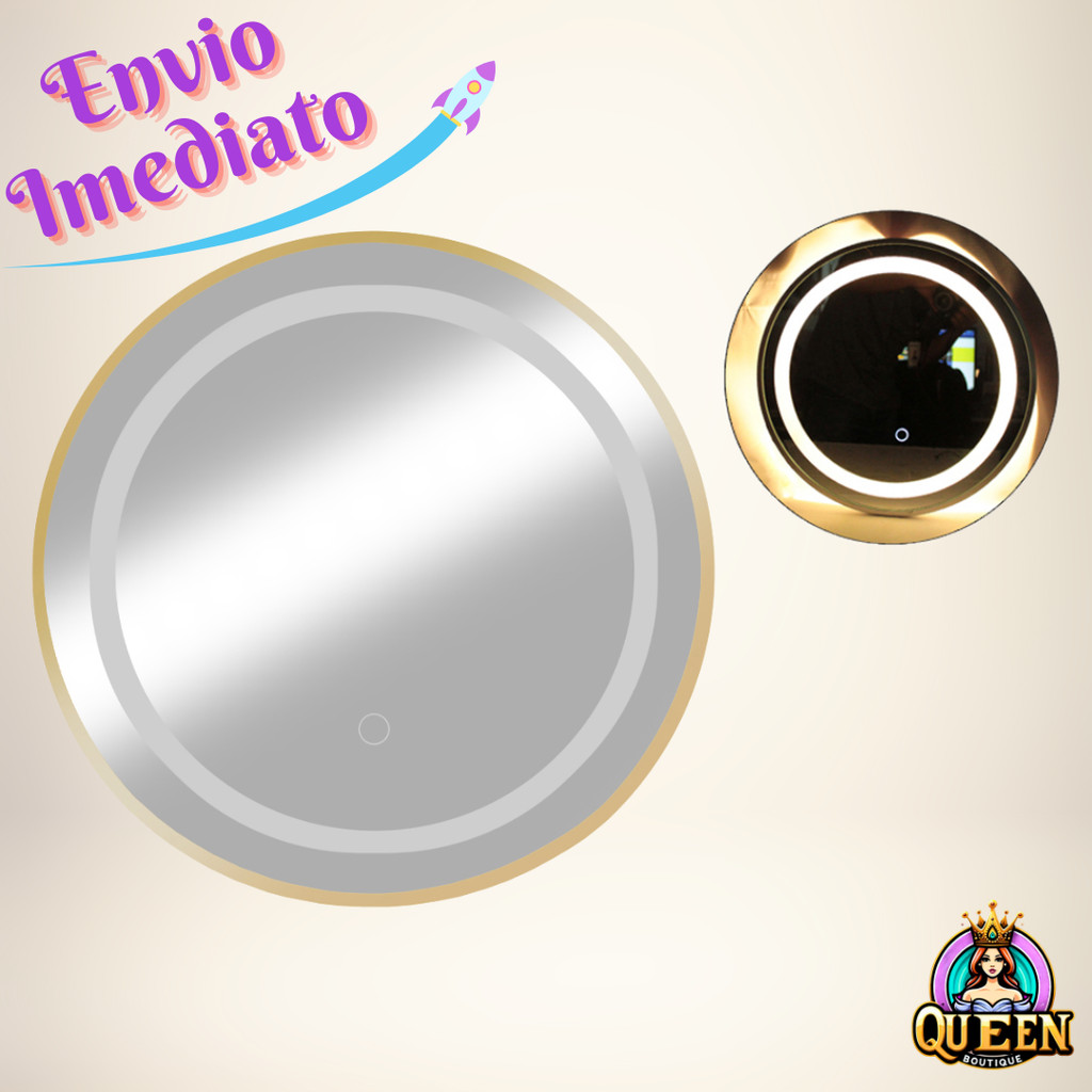 Espelho de Pendurar Emoldurado Redondo 45cm Decorativo Com LED e Touch Alumínio Bivolt Preto Branco Dourado Prata Tomada
