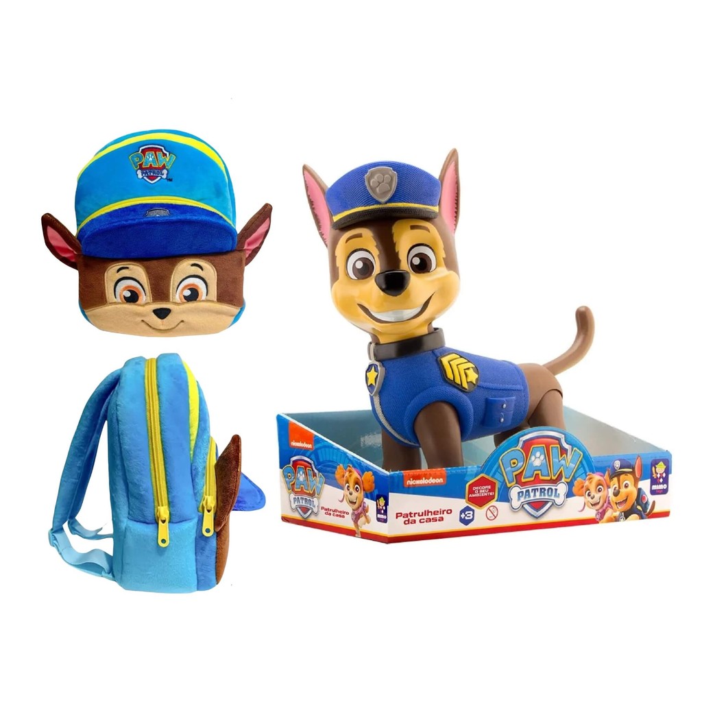 Boneco Chase Gigante + Mochila Infantil 45cm Patrulha Canina Candide Mimo Toys