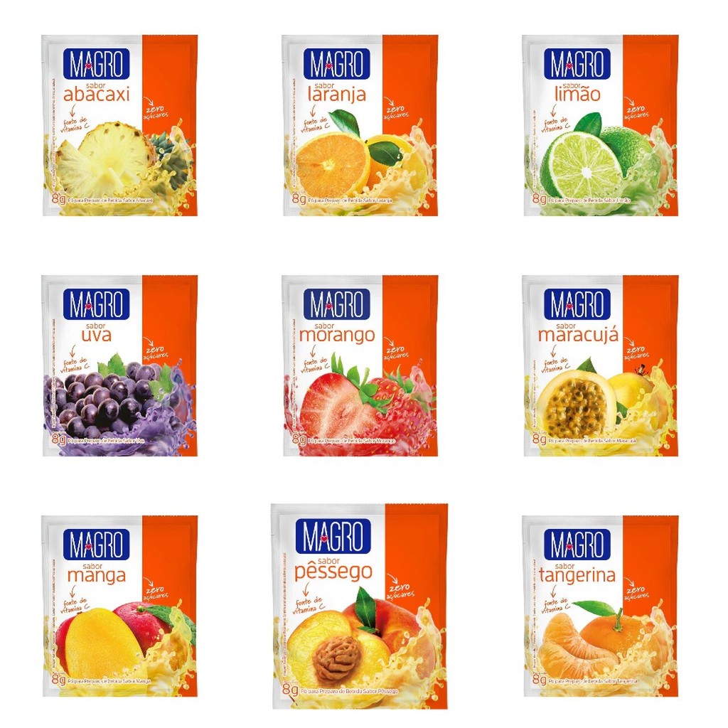 Kit 15 Unidades de Refresco Magro Sabores Variados, Zero Açúcares, Doces Diet, com polpa de fruta 8g