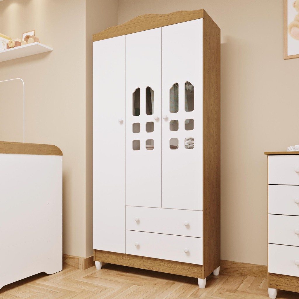Guarda Roupa Infantil 3 Portas com Gavetas Mirelle Branco Fosco com Bétula Carolina Baby