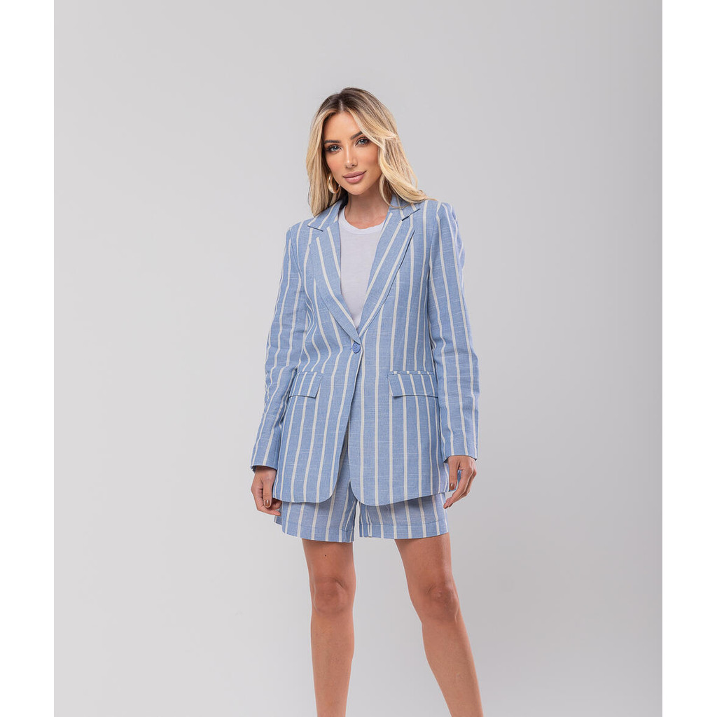 Conjunto Feminino Alfaiataria Blazer E Bermuda Listrado  Salvatore