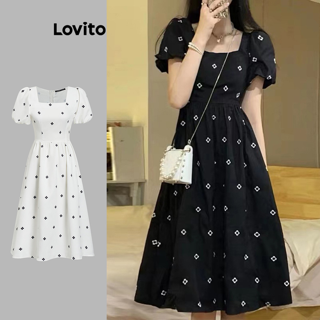 Lovito Vestido Casual Floral Manga Bufante Gola Quadrada Vestido De Verão/Primavera Para Mulheres LNA05105 em Oferta na Shopee