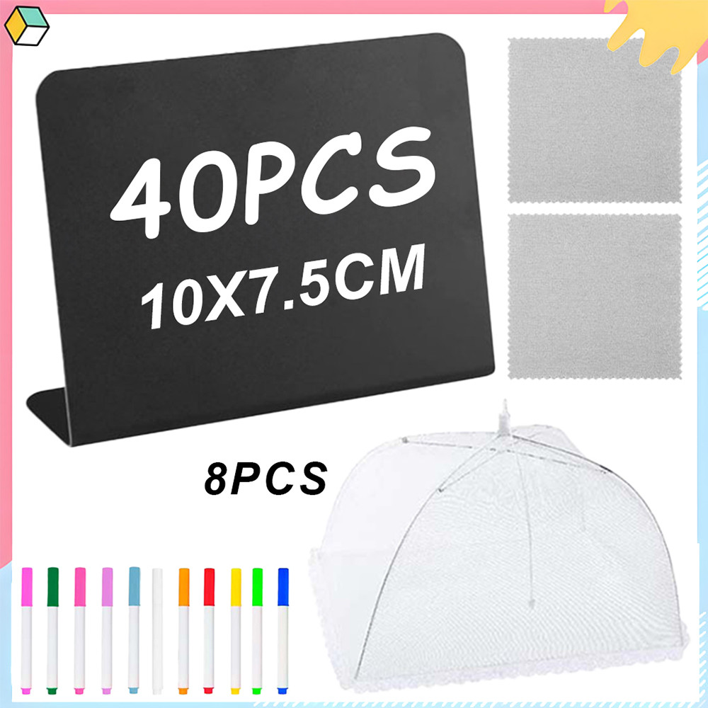 8 tendas de cobertura de rede de alimentos + 40 peças de mini placa de quadro-negro forma de L, etiquetas apagáveis