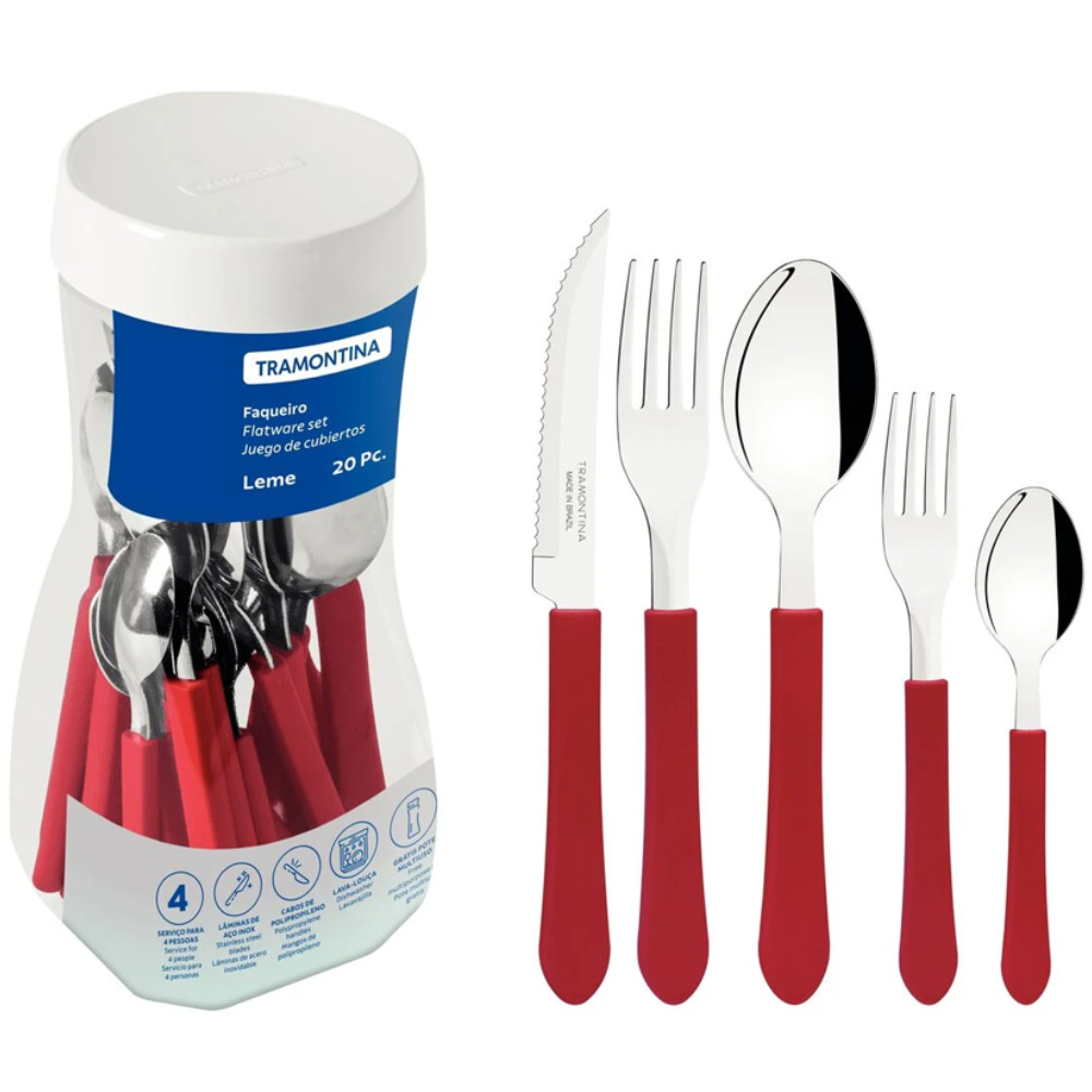 Faqueiro Leme Vermelho 20 Peças Em Aço Inox Tramontina