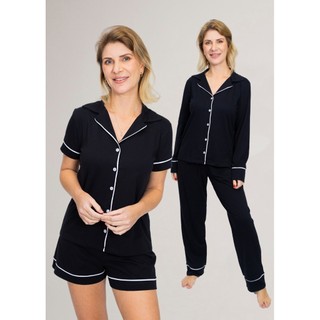 KIT 1 Pijama Americano Curto + 1 Pijama Americano Longo - Preto