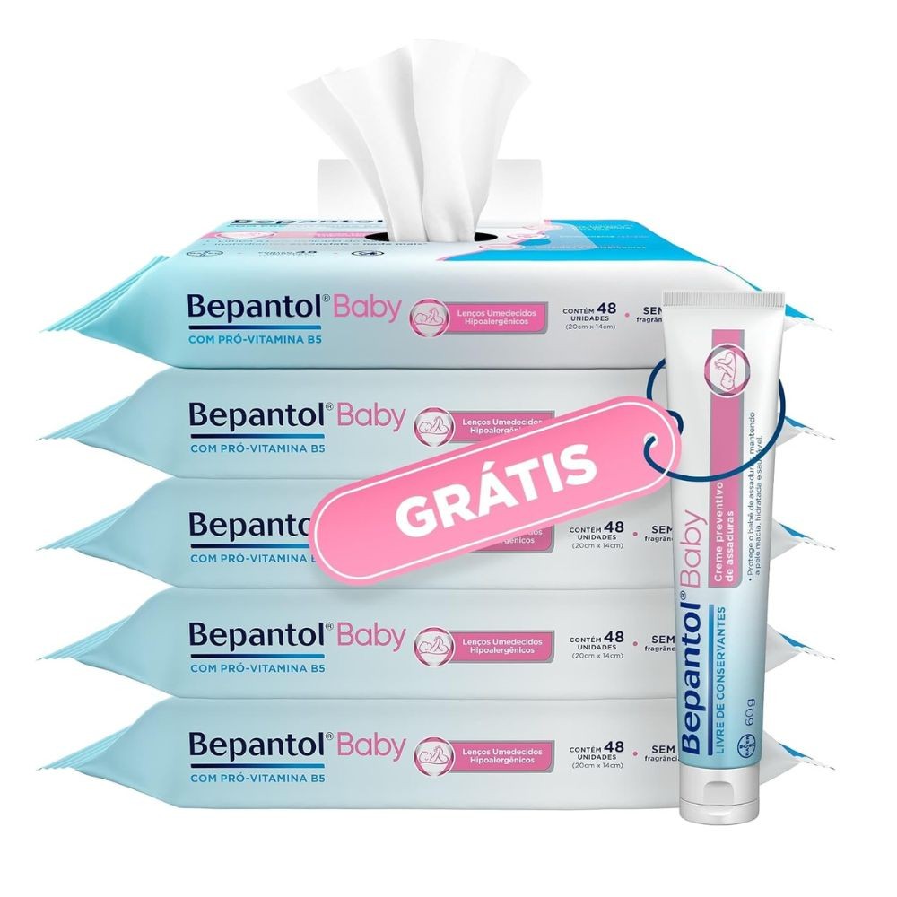 Kit 5 Lenços Umedecido 240und + Pomada Assadura 60g Bepantol - Mom & Baby