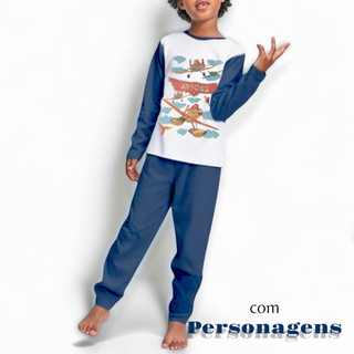 Pijama Masculino Infantil de Malha Estampado Estampa Desenhos Longo Inverno de Manga Criança Menino