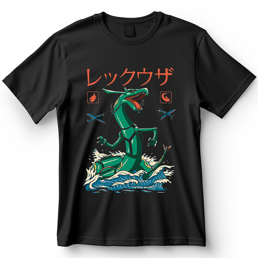 Camiseta Rayquaza Godzilla Estilo Japonês Pokémon Dragão Lendário Vintage Blusa Camisa 100% Algodão