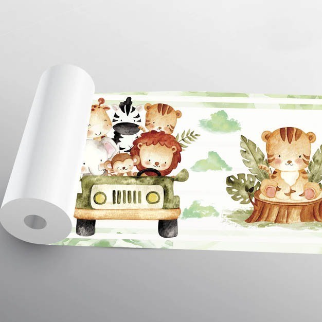 Papel de Parede Border Safari Verde Infantil Menino e Menina Animais Faixa Quarto Lavável