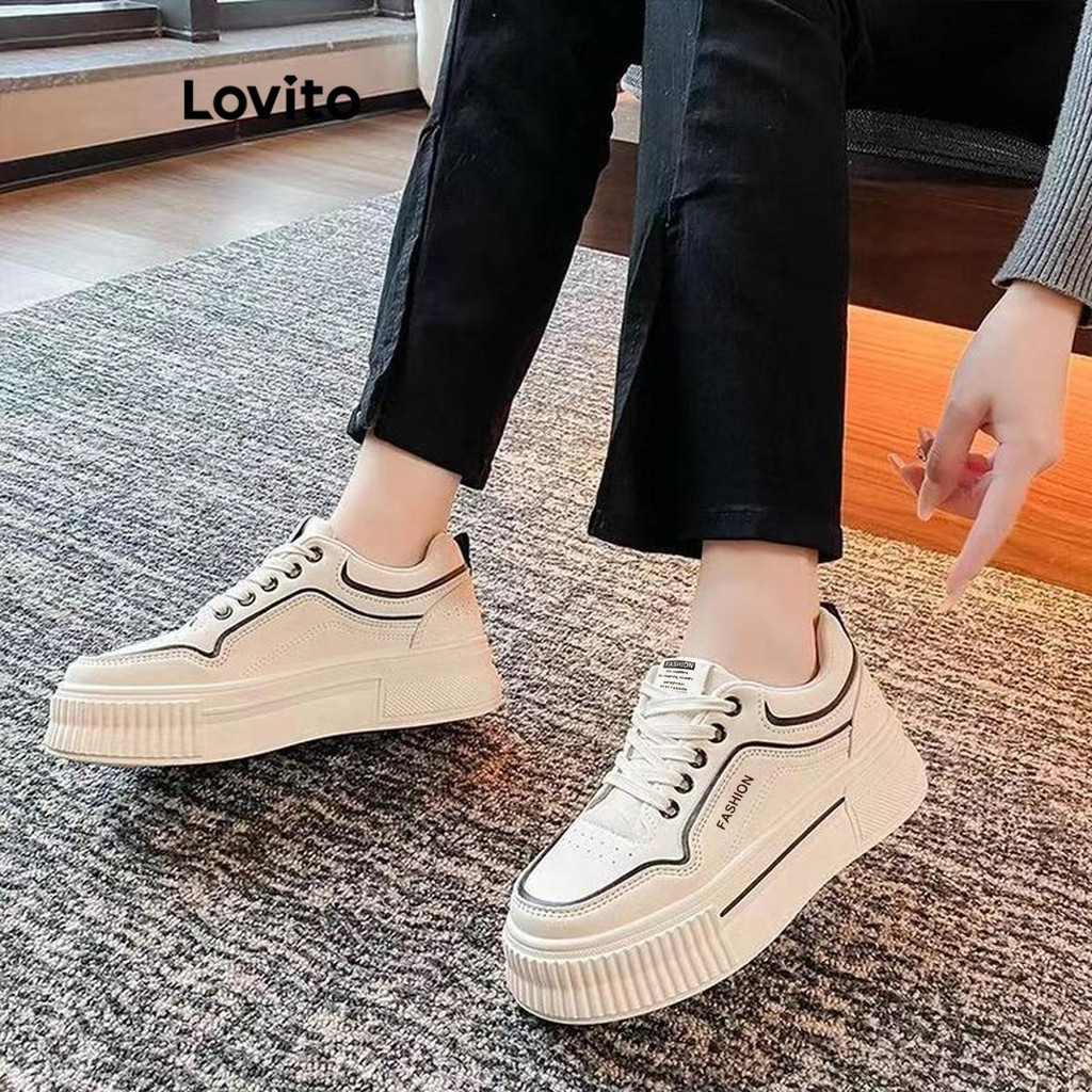 Detalhes do (Trendy) Lovito Tênis esportivo liso com sola grossa, simples e versátil para mulheres LFA66315