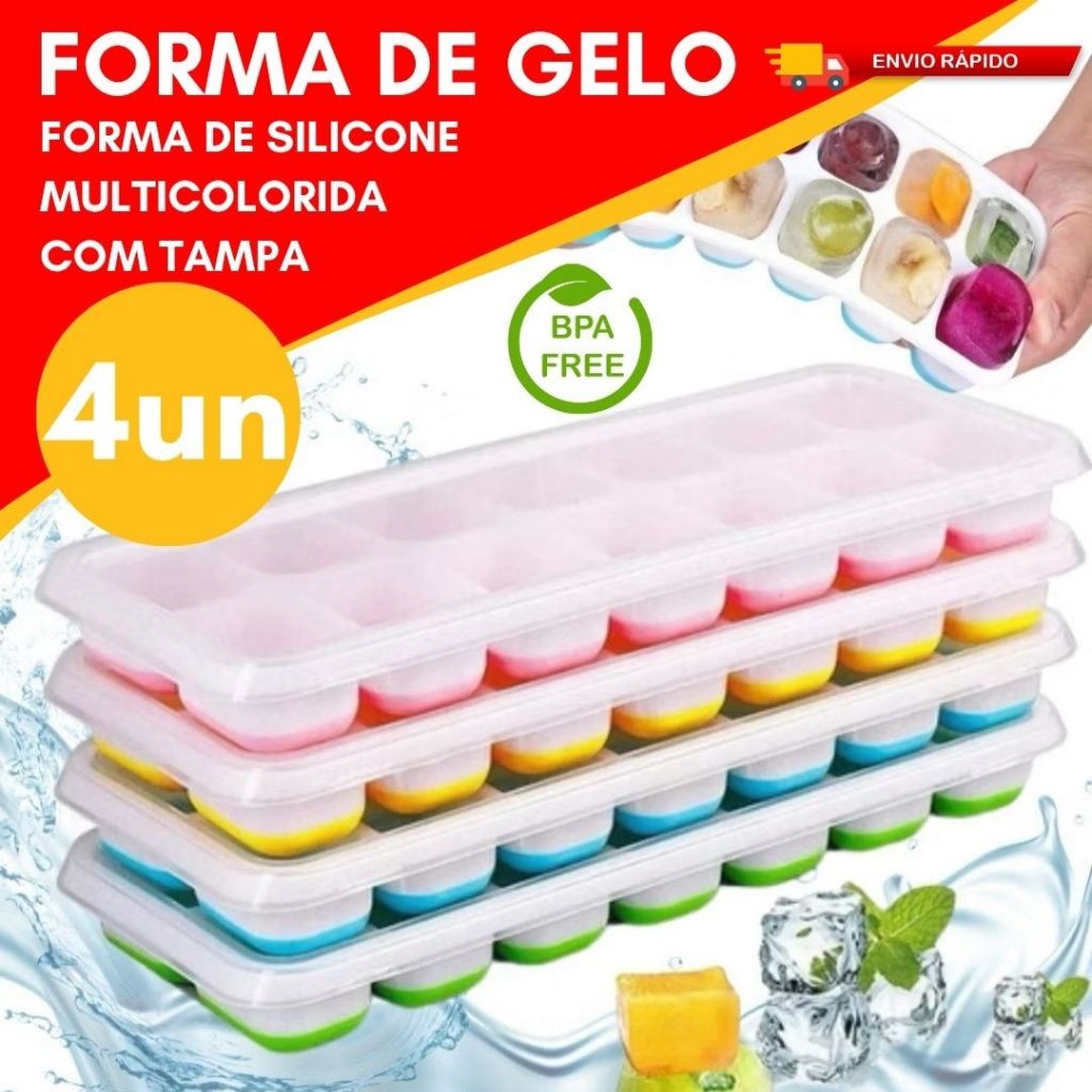 Kit Formas de Gelo Em Silicone Com Tampa Flexivel Fundo Silicone Cubos Papinha