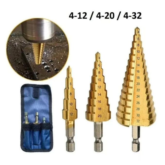 Jogo 3 Brocas Escalonada Titânio 3-12 4-20 -32mm Profissional em Oferta na Shopee