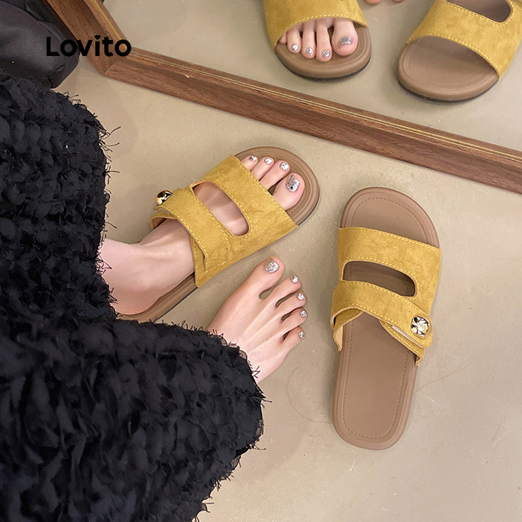 Lovito Fivela De Metal Liso Casual Estilo Bokken The Heroine In Crowd Sandálias Planas Para Mulheres LFA81017 - Women Shoes
