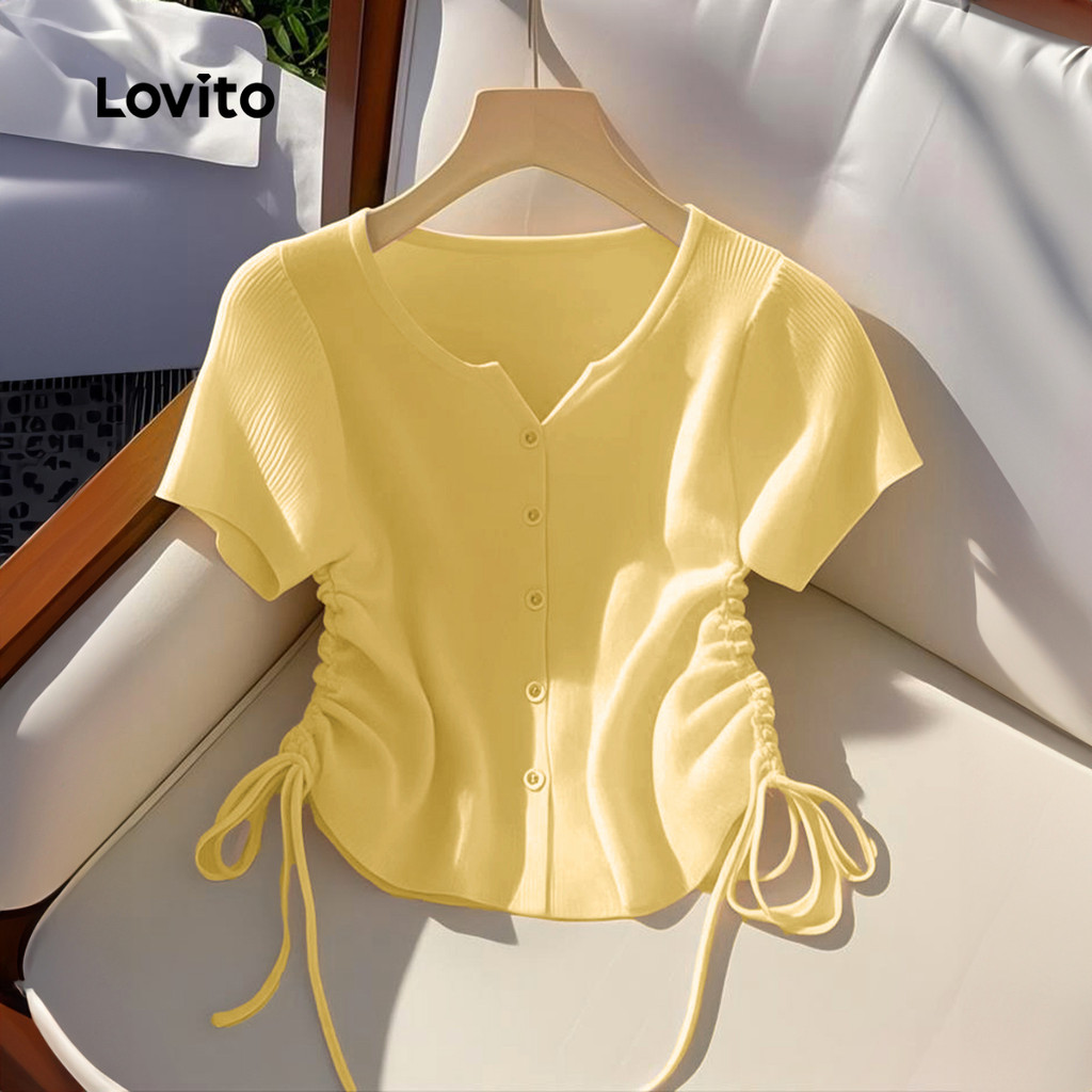 Detalhes do Lovito Camiseta Casual Com Cordão E Botão Frontal Lazer Primavera/Verão Amarela Para Mulheres L135A2D173
