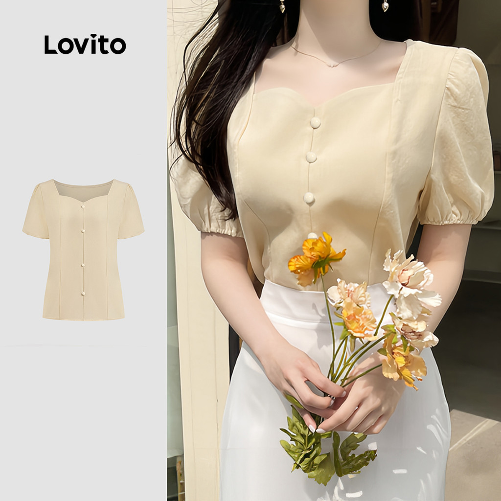 Lovito Blusa Elegante Lisa Simples Primavera/Verão Cáqui Claro Para Mulheres L135A2D061 - Women Clothes