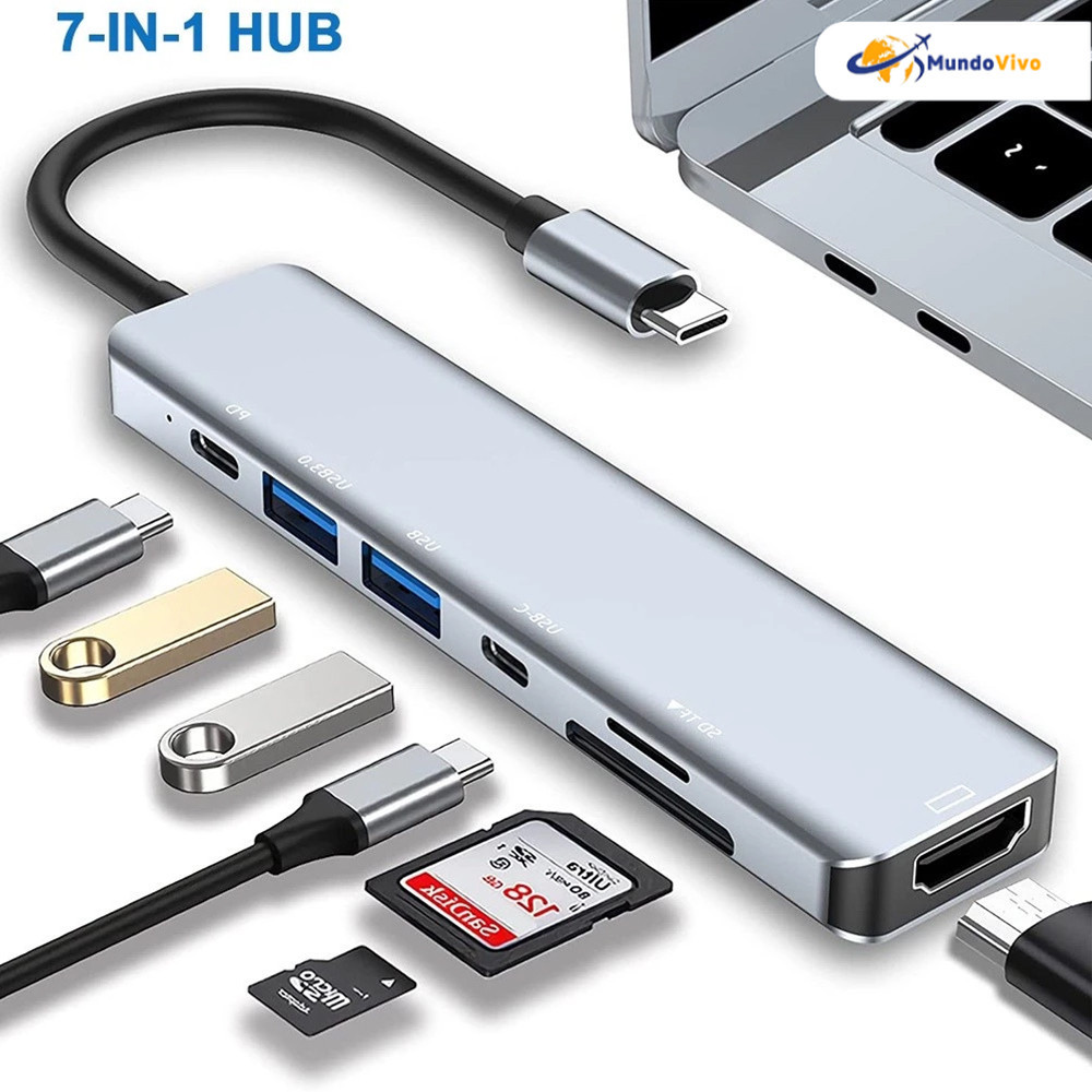 Leitor de cartão USB-C 7 em 1, suporte TF, SD, CF e outros cartões de memória, equipado com cabo de dados e carregador d