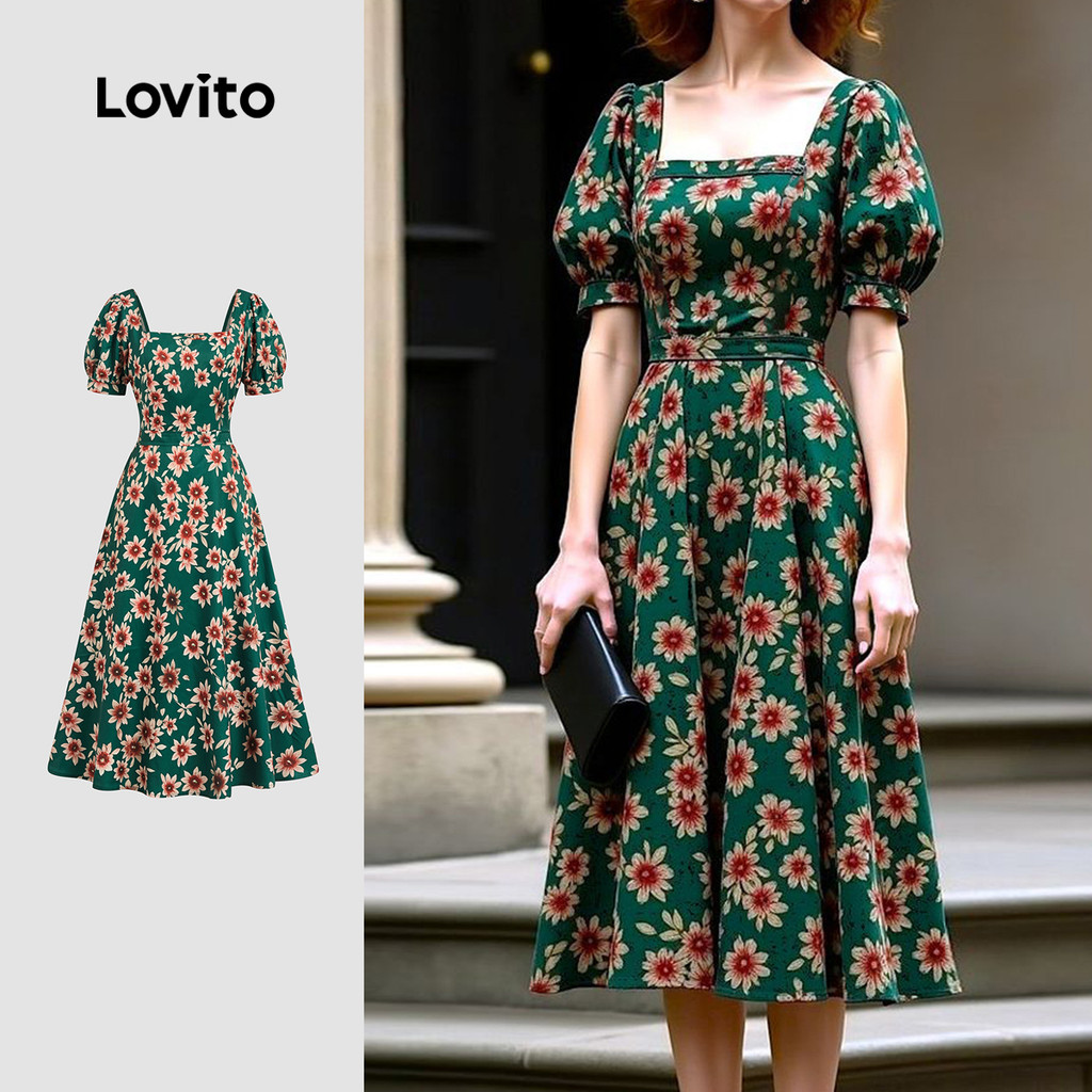 Lovito Elegante Padrão Floral Verão Primavera Vestido Multicolorido Para Mulheres LBL25042 - Women Clothes