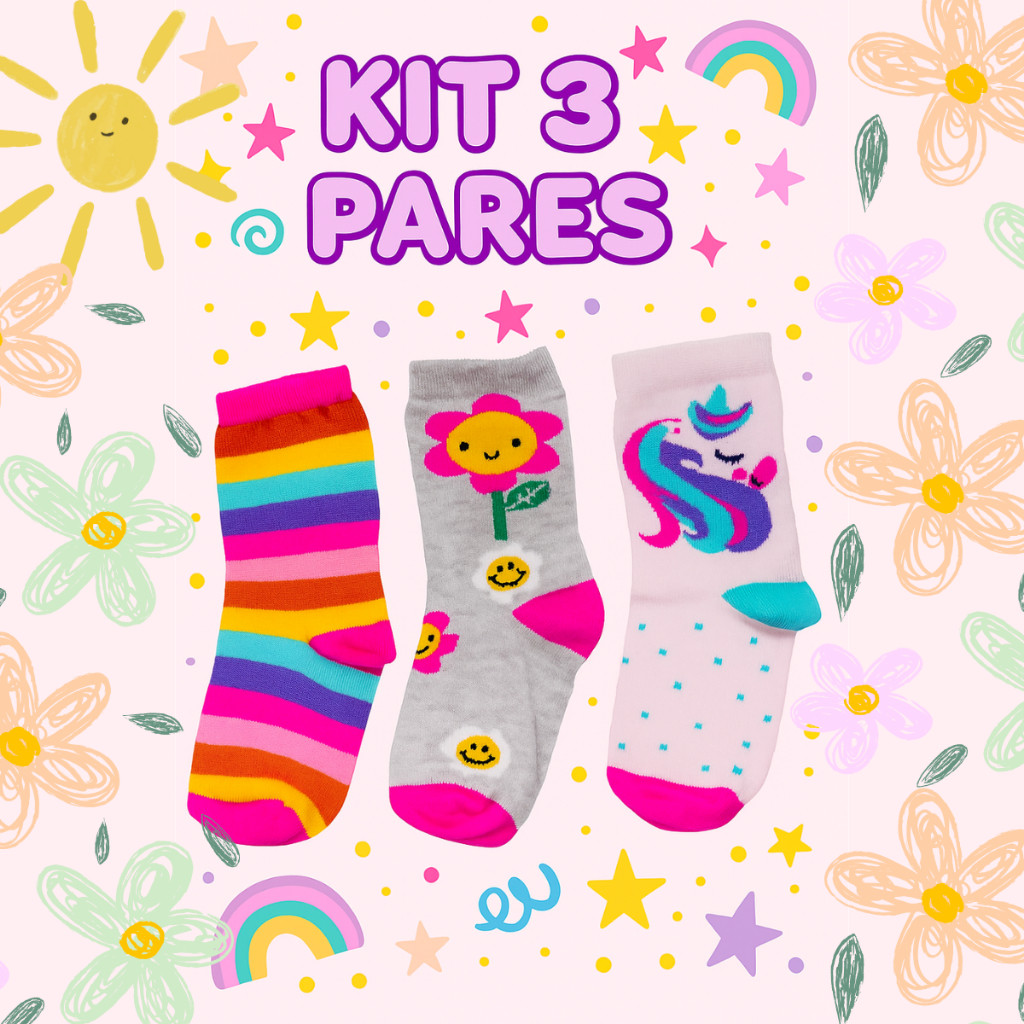 KIT 3 Pares Meia Infantil Menina Cano Longo Estampada Feminina Delicada Promoção em Oferta na Shopee