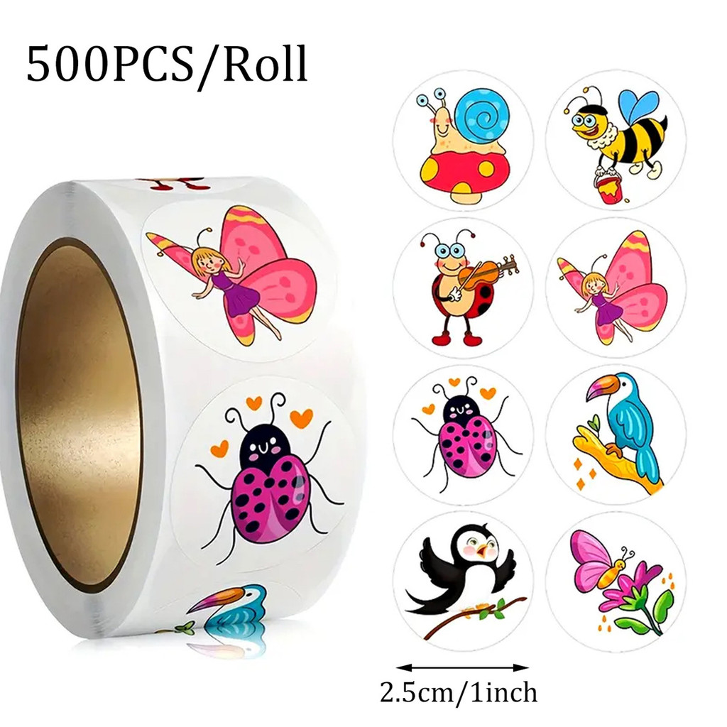 500 Peças/Rolo Adesivos Motivacionais Infantis-Decalques Fofos De Recompensa De Insetos , Selos Autoadesivos Redondos Pa