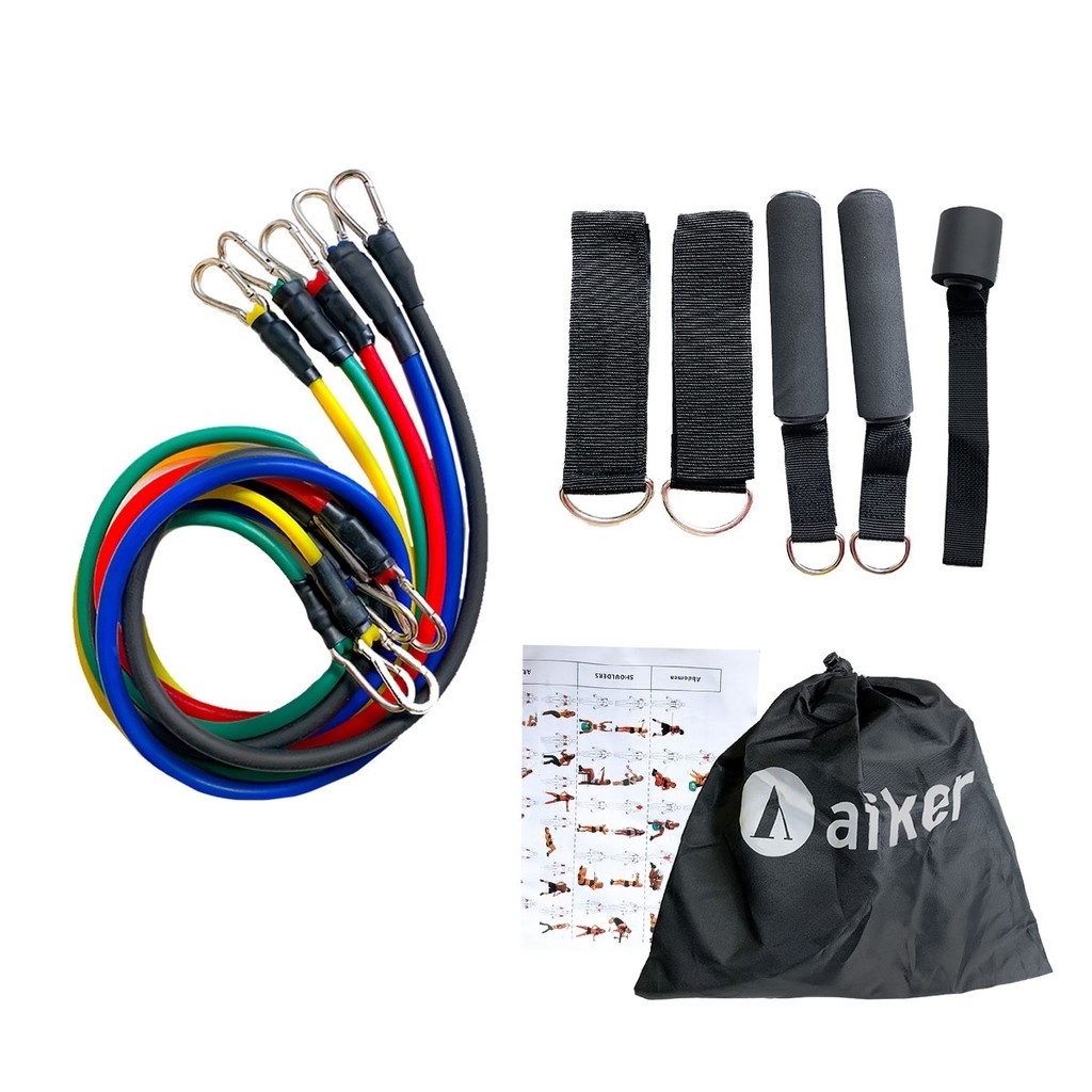 Kit Elástico Extensor 11 Itens Treino em casa Academia Yoga Pilates Funcional Fisioterapia Alongamento Aiker