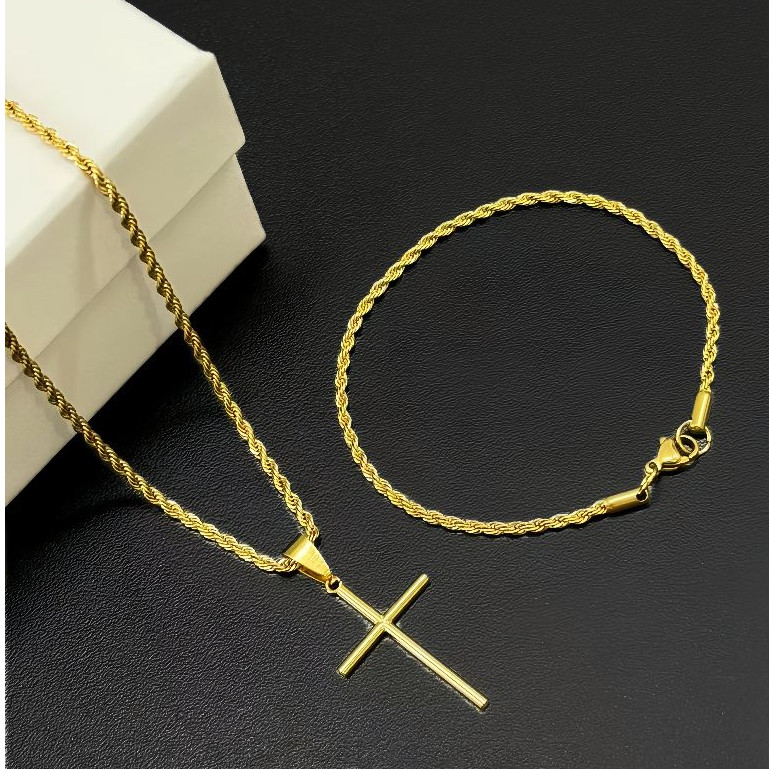 ⚡PROMOÇÃO ⚡Corrente Trançada + Pingente Cruz + Pulseira Banhados a ouro 18k Cordão Masculina Crucifixo Moeda Antiga