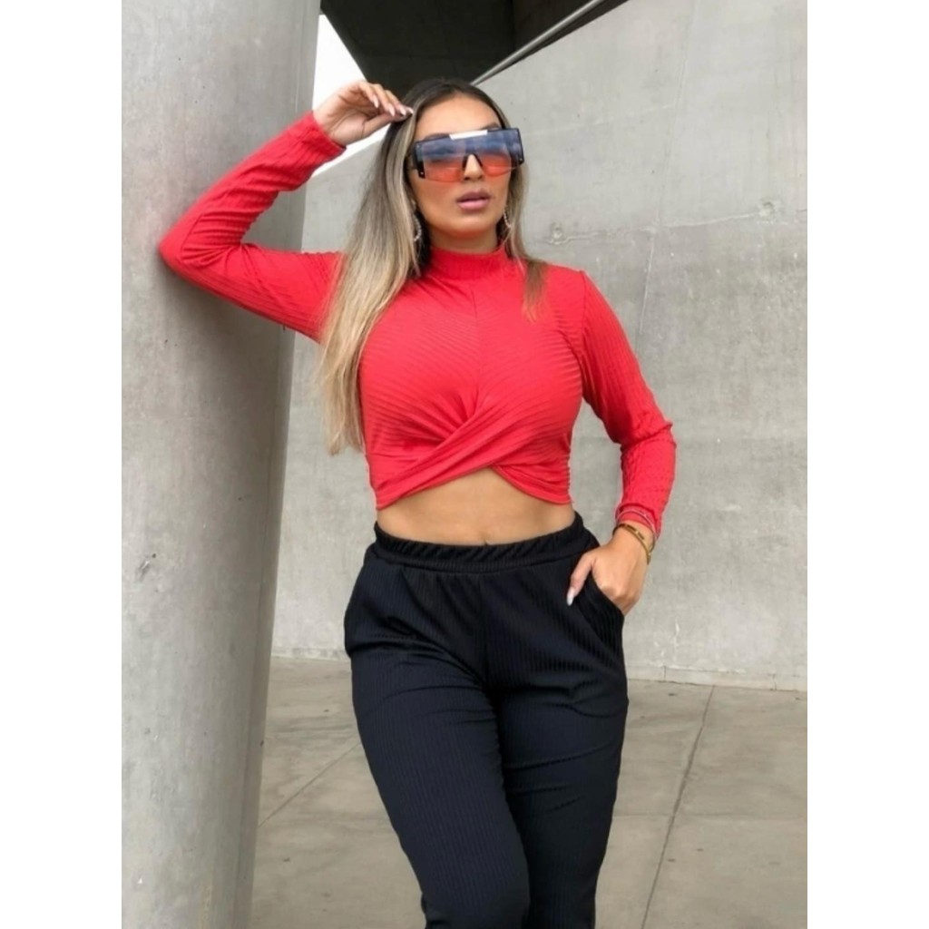 Cropped star canelado Feminino Manga Longa om gola redonda e transpassado na frente, modelo outono e inverno, estiloso
