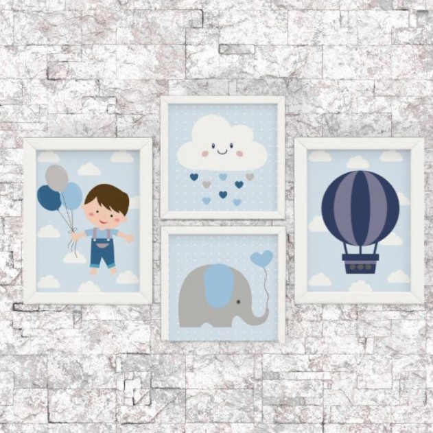Placa Decorativa Quadro Kit 4 Peças Quarto Bebe Menino Balão Nuvem 20x30 Sem Moldura