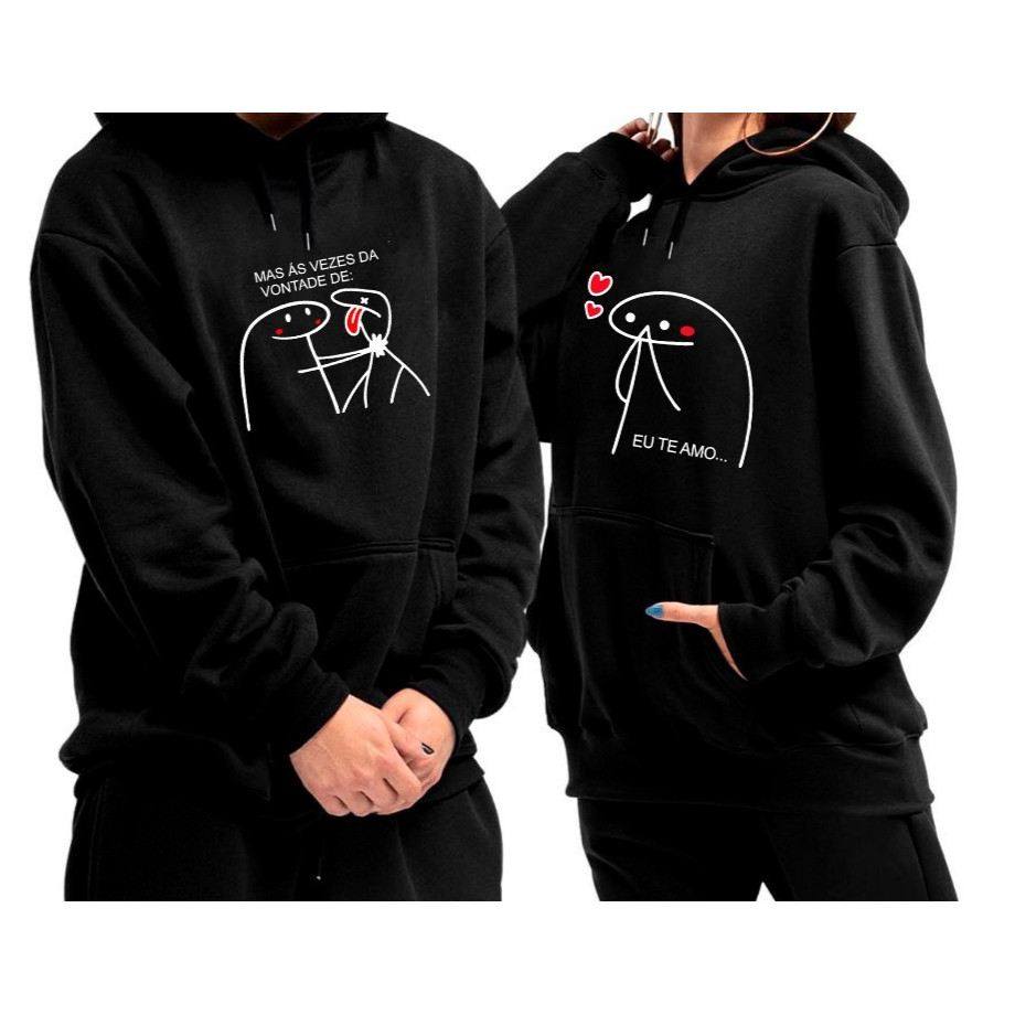 Kit Blusa Moletom blusa de frio Casal Preto Moletom Canguru Com Capuz Para Namorados