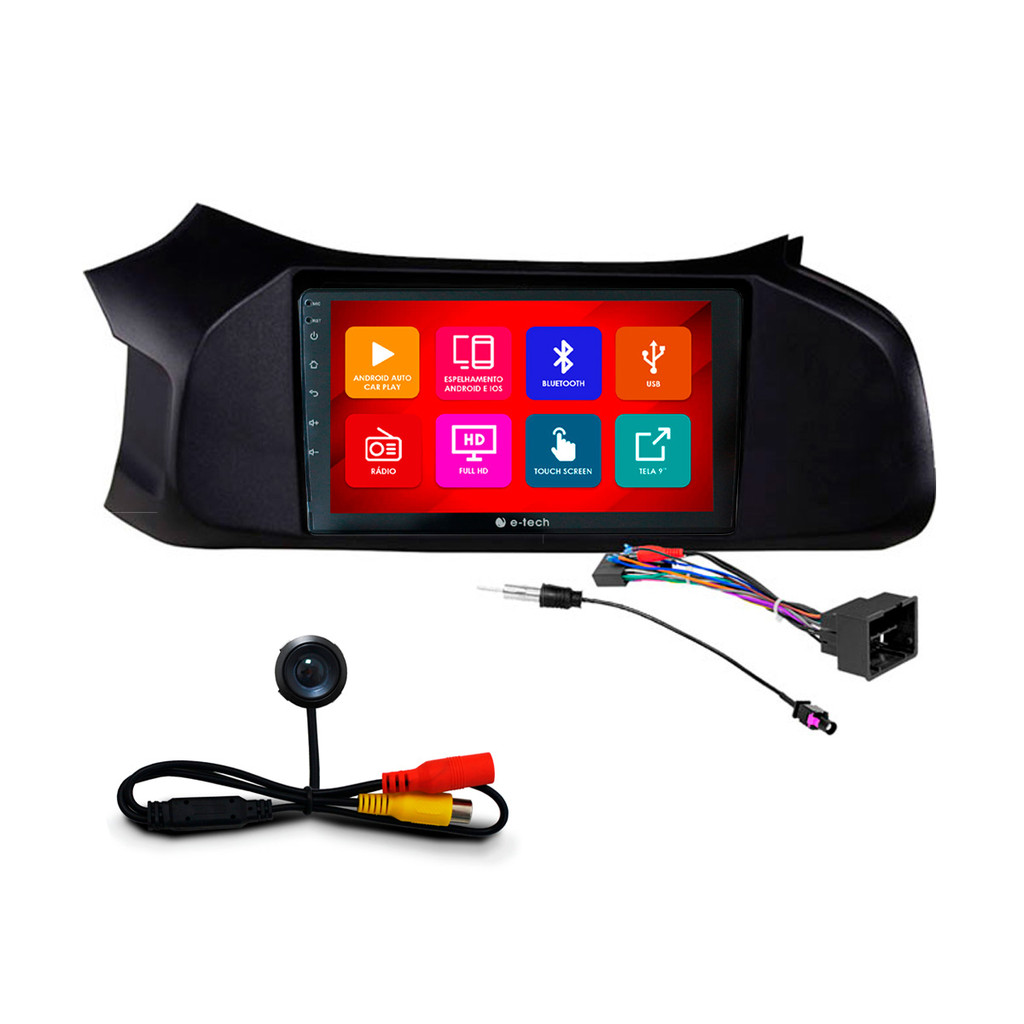Kit Multimídia 9 Pol Onix 2012 A 2018 Android Auto CarPlay Qa+ 2 Din Preto Espelhamento Android Ios