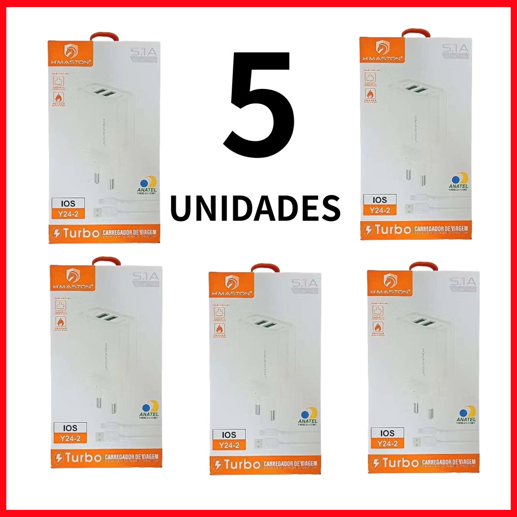 Kit 5 H'maston Y24 Carregador Turbo 25w Fonte Torre Carregar Portátil 2 Usb 5.1A Com Cabo Usb em Oferta na Shopee