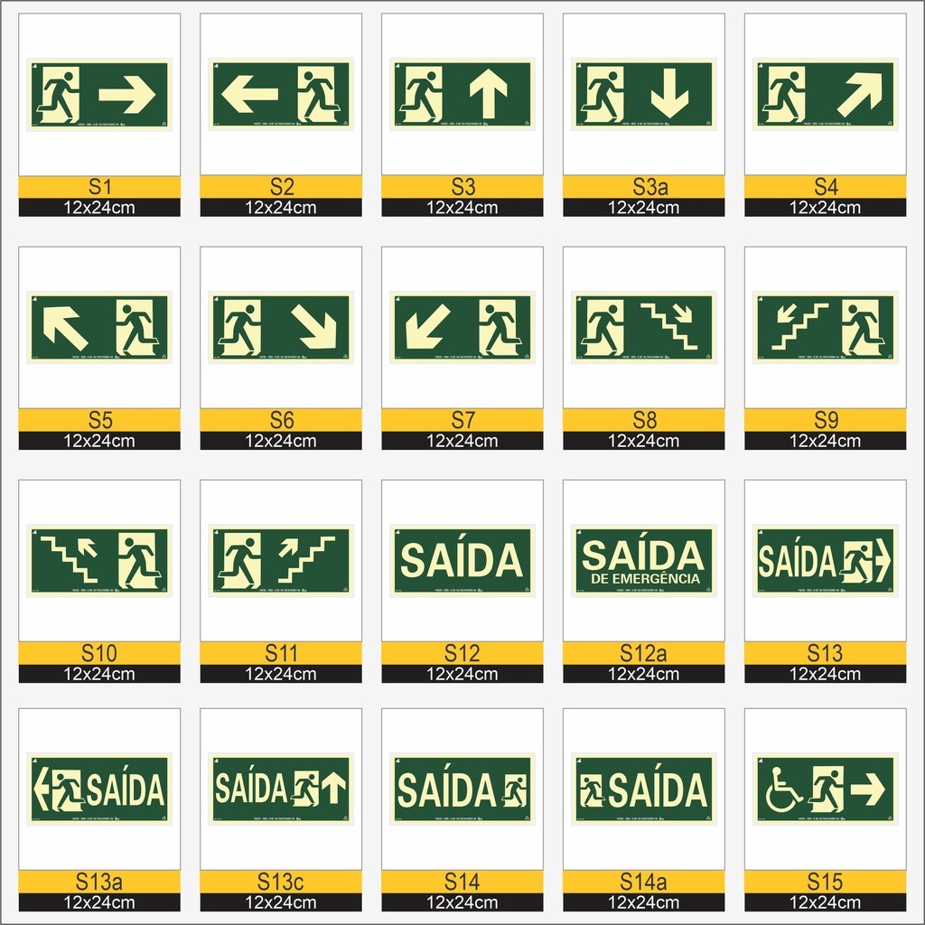 Kit 15 Placas de Sinalização de Emergência Fotoluminescente Antichamas