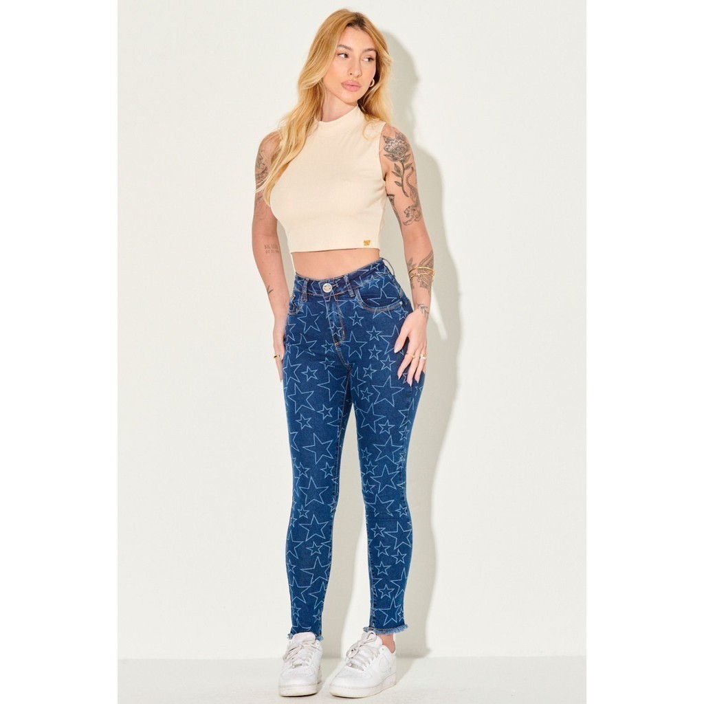 Calça Jeans Feminina Skinny Estrela Vazada Planet Girls Jeans Médio - Women Clothes