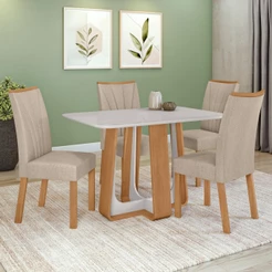 Conjunto Sala de Jantar Mesa Easy Pop 120x80cm Tampo Vidro/MDF 4 Cad Confort Linho Bege Amendoa/off