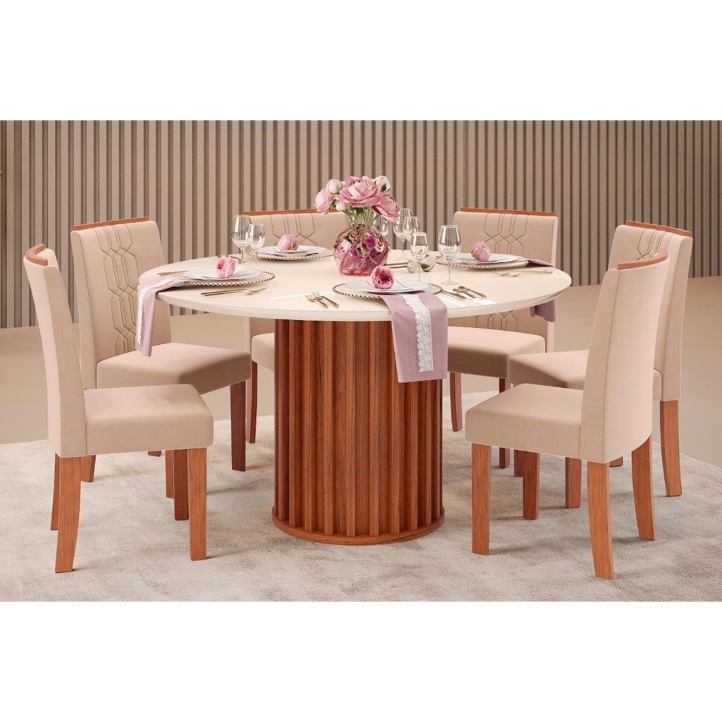 Sala de Jantar Completa Viena Tampo Madeirado c/ Vidro 136cm e 6 Cadeiras Zoe Freijo/Off White - Suede Creme - DJ Móveis em Oferta na Shopee