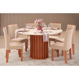 Sala de Jantar Completa Viena Tampo Madeirado c/ Vidro 136cm e 6 Cadeiras Zoe Freijo/Off White - Suede Creme - DJ Móveis em Oferta na Shopee