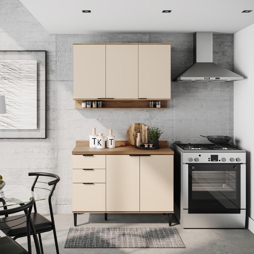 Armário de Cozinha Completa c Balcão Miami Vibe Carraro Off White c Freijó em Oferta na Shopee